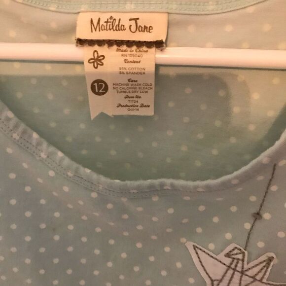 Matilda Jane Girls top Size 12 tank top appliqué cranes green polka dot - Picture 4 of 5